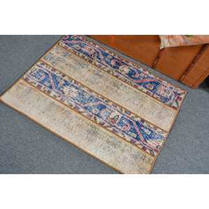 Alfombra Turca Vintage Pequeña de 2.4x3.2 pies, Alfombra de Lana Azul Blanca con Plantas y Árboles - Product Image 3