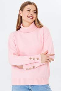 Suéter de punto de invierno detallado con botones de cuello alto para mujer Suéter transpirable cómodo y elegante Servicio ODM/OEM - Product Image 6