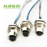 Conector de Cable Hembra de 5 Pines M12 para Montaje en Panel, Código A, IP67, Impermeable, con Conductores de Cobre Estañado para Uso Industrial