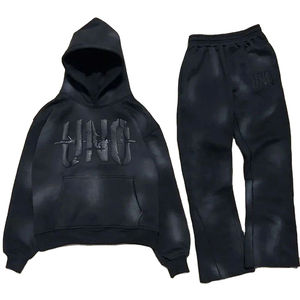 2024 Acid Wash 3D for Puff Print Distressed Tracksuit Eco-Friendly 100% Cotton Stacked Flared Sweatpants Hoodie Drawstring - Product Image 6