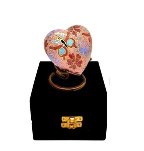 Classic Heart Shape <b>Keepsake</b> Urn for Human Ashes with <b>Box</b> and Stand - Lovely Brown Floral Design 7 cms high - Product Image 1