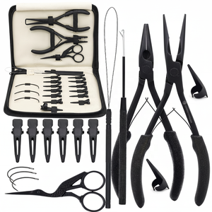 Kit d'outils pour extensions capillaires en acier inoxydable noir, durable et réutilisable : pinces, crochets, micro-anneaux, perles, outil de retrait et de pose à 2 trous - Product Image 1