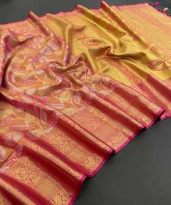 Saree indien pour mariage Velours de soie, organza, dentelle de fleurs avec séquence et chemisier - Product Image 4