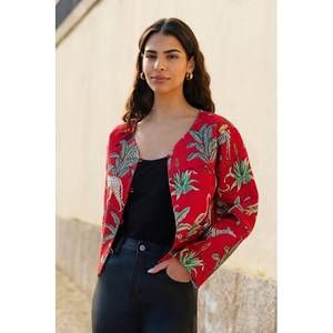 Chaqueta de Algodón Acolchada con Estampado Bohemio de Selva Roja para Mujer, Estilo Vintage con Botones, Corta, Floral, Transpirable, Resistente al Viento y Antiarrugas para Otoño - Product Image 4