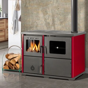 Estufa de Leña Metálica Independiente con Puerta de Vidrio y Panel Lateral Rojo, Calentador Doméstico - Product Image 1