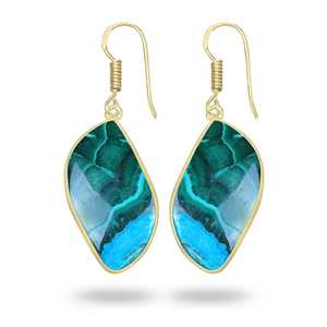 ต่างหูดีไซน์เนอร์ทำมือจากทองเหลืองชุบทอง ประดับด้วยพลอยอะซูไรต์-มาลาไคต์ สวยงามคลาสสิก เหมาะสำหรับงานปาร์ตี้และแฟชั่น - Product Image 5