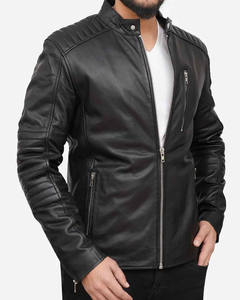 Veste à manches longues en cuir véritable noir personnalisée pour hommes Veste à col rabattu et fermeture éclair pour hommes - Product Image 6