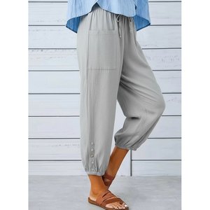Women's <b>Elastic</b> <b>Waist</b> Drawstring Button Detail <b>Trousers</b>, 36567 - Gray - Product Image 1