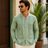 Chemises pour hommes en lin personnalisées, 100% lin, col cubain, plissées, quatre poches, manches longues, chemise Guayabera pour hommes