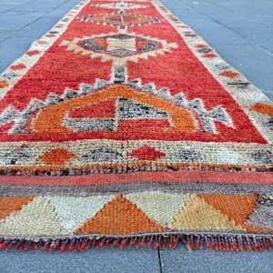 2.6x10.5 ft Rug, Vintage Turkish Rug, <b>Red</b> Orange Camouflage <b>Wool</b> Rug - Product Image 5