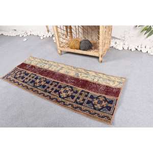 Vintage Kilim Rug 14x34ft/43x104cm Blue and <b>Red</b> Patchwork Design <b>Wool</b> Material with Latex Backing for Entryway or Teen's Room - Product Image 3