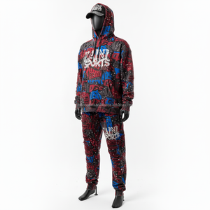 Lujo 320 GSM algodón poliéster hombres chándal azul negro impreso rojo estilo Puff estampado Rhinestone Logo personalizado ajuste hombres chándal - Product Image 3