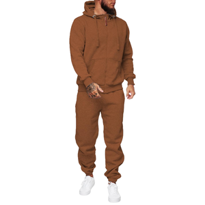 Men Brown Fleece Tracksuit Custom Logo <b>Hooded</b> Sweatshirt And Jogger Set Casual Winter Warm Two Piece Outfit OEM Manufacturer - Product Image 1