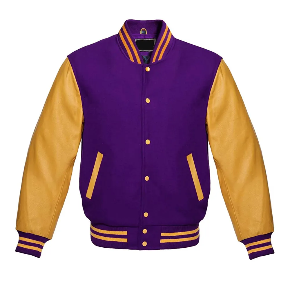 Letterman jaqueta de beisebol premium para faculdade Bomber jaqueta de manga de couro genuíno roxo e dourado