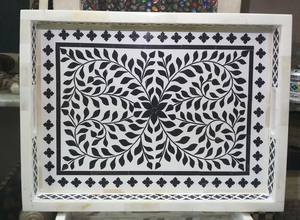 Bandeja para servir con incrustaciones de hueso de inspiración marroquí morisca, diseño estampado, otomano y bandeja decorativa para uso multiusos - Product Image 3