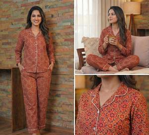 Conjunto de Pijama de Algodón Tejido con Estampado Floral a Mano para Mujer, de Manga Larga, con Bolsillos, Ideal para Regalo - Product Image 3