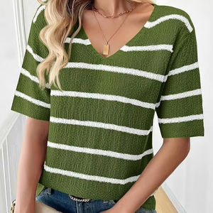 Suéter de manga corta de verano para mujer, camisetas a rayas con cuello en V, camisetas informales holgadas, Top de punto de moda 2025 - Product Image 2