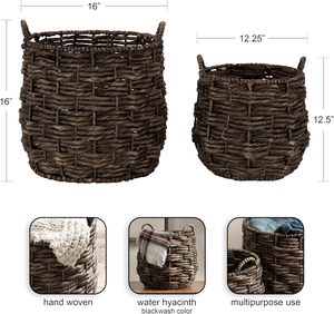 Ensemble de paniers rustiques en jacinthe d'eau tressés à la main avec poignées latérales – Rangement durable en fibre naturelle pour salon, buanderie et plantes - Product Image 2