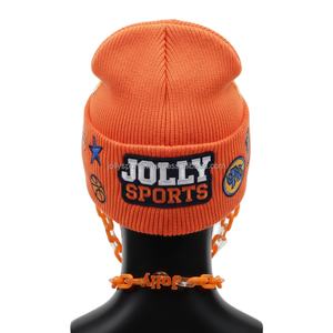 Gorro de Punto para Mujer, 300GSM, Acrílico Suave, Color Naranja, Bordado con Logotipo Personalizado, Correa de Cadena, Gorro de Invierno a la Moda, Gorro Jacquard - Product Image 2