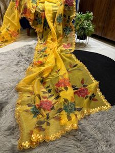 Desgaste atraente elegante Organza <span class=keywords><strong>Saree</strong></span> puro em Floral Digital Print anexado bela seqüência fronteira mão trabalho para venda