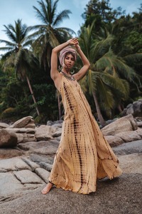 100% Cotton Breathable Sustainable with Lace Button Ruched Decorations Natural Waistline Washable Boho <b>Maxi</b> <b>Dress</b> - Product Image 4