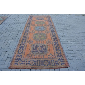 Classique Orange Noir Vintage Tapis Turc 4.3X11.4 ft À La Main Patchwork Conception Laine Bambou Soie Latex Rectangle Couloir Chambre - Product Image 1