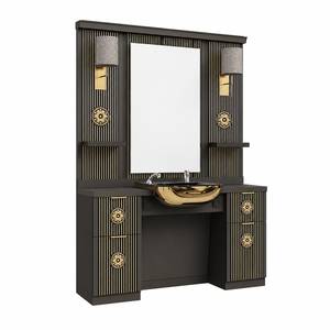Modern Black Wood Barber Shop <b>Salon</b> Sink Cabinet with Double Octagonal <b>Mirror</b> and <b>Storage</b> Shelves Commercial Furniture - Product Image 1