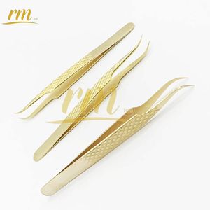Pinzas semicurvas de plasma dorado RMI, pinzas de extensión de pestañas de acero de alta calidad, punta de agarre de diamante con logotipo personalizado - Product Image 1