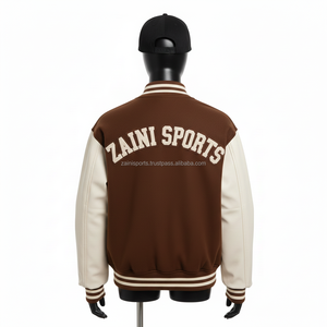 Veste universitaire pour femmes en laine mélangée avec manches blanches et panneaux bruns, broderie de logo personnalisée, patch en chenille, veste universitaire pour femmes - Product Image 5