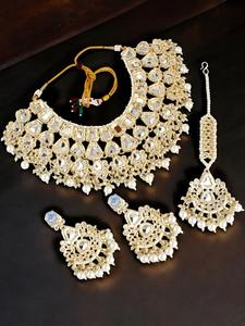 Gold Plated Kundan <b>Pearl</b> Bridal <b>Necklace</b> <b>Set</b> with Green Enamel Earrings Maang Tikka Indian Wedding Jewellery - Product Image 2