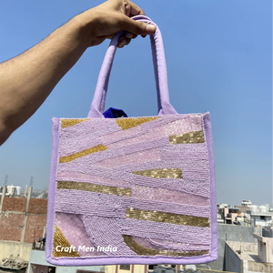 กระเป๋าโท้ทแฟชั่นลายทางประดับลูกปัดสำหรับผู้หญิงกระเป๋าสะพายไหล่สำหรับชายหาดฤดูร้อนทำด้วยมือ - Product Image 1