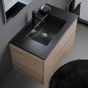 Meuble de salle de bain mural minimaliste en chêne KORICINI 80 cm, deux pièces, avec ensemble lavabo Belize noir mat - Product Image 3