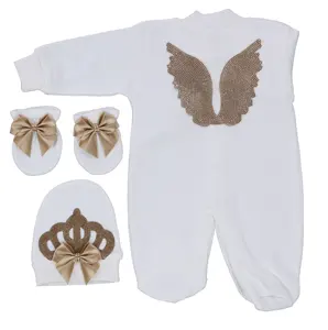 Cotton Knitted Clothes Spring Summer 4 Pieces Long Sleeve Bamboo Bubble Wholesale Custom Baby Romper Set With Angel Wings