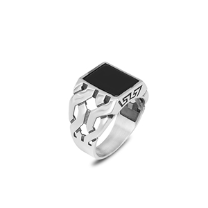 <b>Mens</b> Brass <b>Islamic</b> Vintage Natural Stone Ring Black Onyx Inlay Setting Rose Gold/Platinum Plated Turkish Ottoman Style <b>Gift</b> - Product Image 1