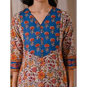 Grey Blue Butta <b>Block</b> <b>Printed</b> Cotton Straight Kurti Casual Day Wear for Women XS Breathable and Natural Waistline ODM Supply - Product Image 2