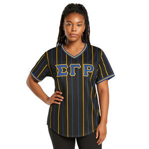 Sigma Gamma Rho Jersey negro a rayas Jersey de béisbol 100% Malla de poliéster SGRho Sorority Camiseta con cuello en V con logotipos de apliques - Product Image 1