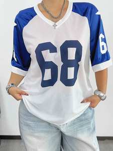 Bleu marine 68 maille Jersey chemise surdimensionné Streetwear unisexe col en V haut de sport Hip Hop Varsity Style été t-shirt hommes T-shirts - Product Image 6