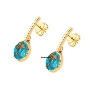 Boucles d'oreilles en argent sterling 925 véritable cuivre bleu turquoise 10mm pierre ronde faite à la main boucle d'oreille fine bijoux cadeau pour les femmes - Product Image 4