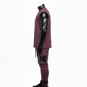 ชุดเซ็ตเสื้อกล้ามและกางเกงคาร์โก้ผู้ชาย ผ้าโพลีเอสเตอร์ผสมสแปนเด็กซ์เนื้อผ้าถักแบบมีลาย 240 GSM สีม่วง พร้อมโลโก้แบบรีดร้อน ชุด 2 ชิ้นสำหรับผู้ชาย - Product Image 3