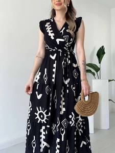 Robes mi-longues imprimées pour femmes en coton extensible de haute qualité avec col en V pour l'été et l'extérieur pour l'exportation en vrac - Product Image 4