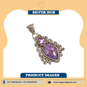 Élégant naturel Charoite & améthyste pierres précieuses 925 en argent Sterling pendentif fait main - Product Image 2