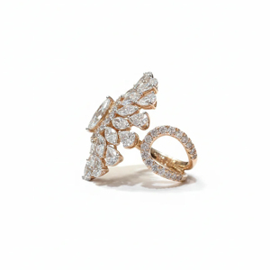 Anillo de compromiso de oro rosa con racimo de diamantes marquesa, conjunto de anillos nupciales de lujo - Product Image 2