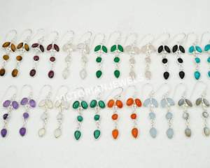 925 Solid Sterling Silver <b>Green</b> Onyx May Month Birthstone Four Stone Long Hook <b>Earring</b> - Product Image 5