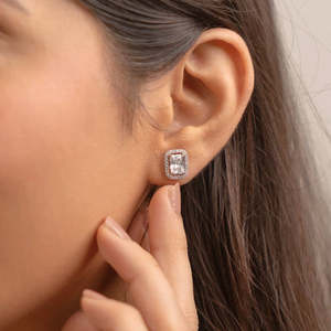 NOVAMART Fine Zarkan AD Pure Silver <b>Earring</b> with <b>Cute</b> Stud Geometric Bezel Setting Emerald Cut Diamond Religious Style for Weddi - Product Image 2