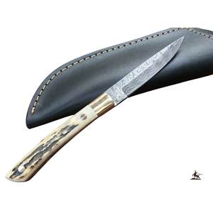 มีดสกินเนอร์ด้ามจับปลอกหนังทำด้วยมือทำจากเหล็กดามัสกัส - Product Image 1