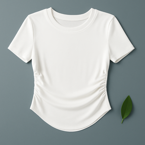T-shirts à manches courtes à col rond 95% coton pour femmes décontracté coupe ajustée avec détails sur les côtés froncés Design d'été respirant - Product Image 2