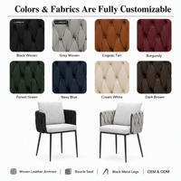 Fauteuil de salle à manger moderne avec dossier en cuir tressé, accoudoirs en cuir, coussin de siège en bouclette, ergonomique, éco-responsable, pieds en métal, mobilier de maison