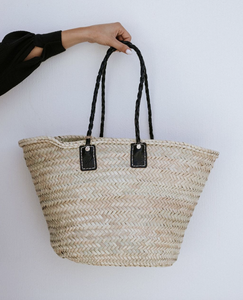 Bolso de Paja Marroquí Tejido a Mano, Estilo Bohemio, Cierre Abierto, Cuero Negro, Bolso de Hombro para Playa de Verano - Product Image 2