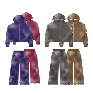 Conjunto Deportivo de Dos Piezas para Hombre, Pantalones Deportivos y Sudadera con Capucha, 100% Algodón, Talla Grande, Personalizado, Estilo Vintage, Lavado, Decolorado al Sol, con Pedrería - Product Image 2