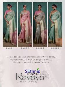 Vente en gros de paillettes en mélange de lin Tissé Pallu Saree avec chemisier contrasté et tissage de manches de travail Patta pour fête Tenue de fête - Product Image 5